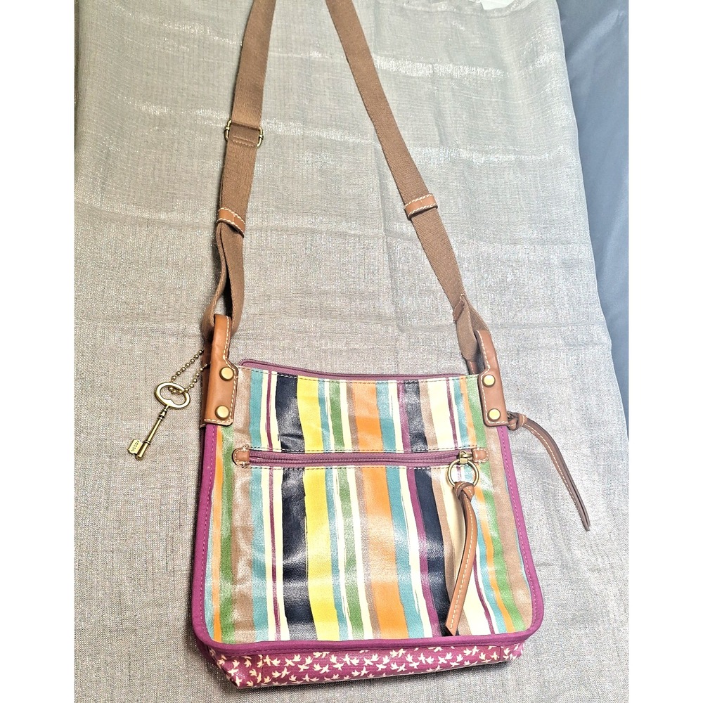 Fossil Vintage Crossbody Messenger Bag Coated Canvas Colorful Brass Rings Charm